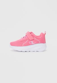 Pink mesh sneakers with a Velcro strap, white sole, and stitched accents. Features a pull tab at the heel for easy wear.