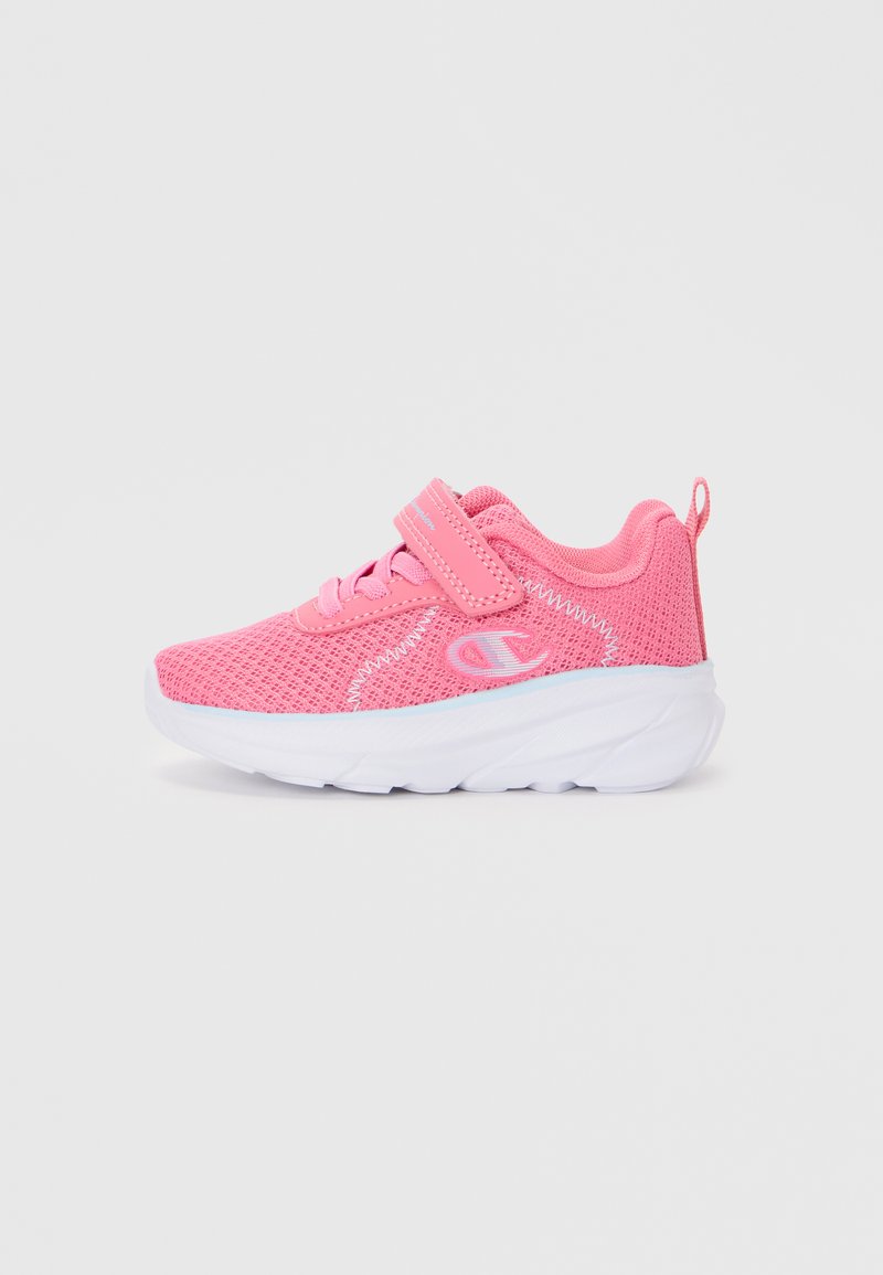 Pink mesh sneakers with a Velcro strap, white sole, and stitched accents. Features a pull tab at the heel for easy wear.