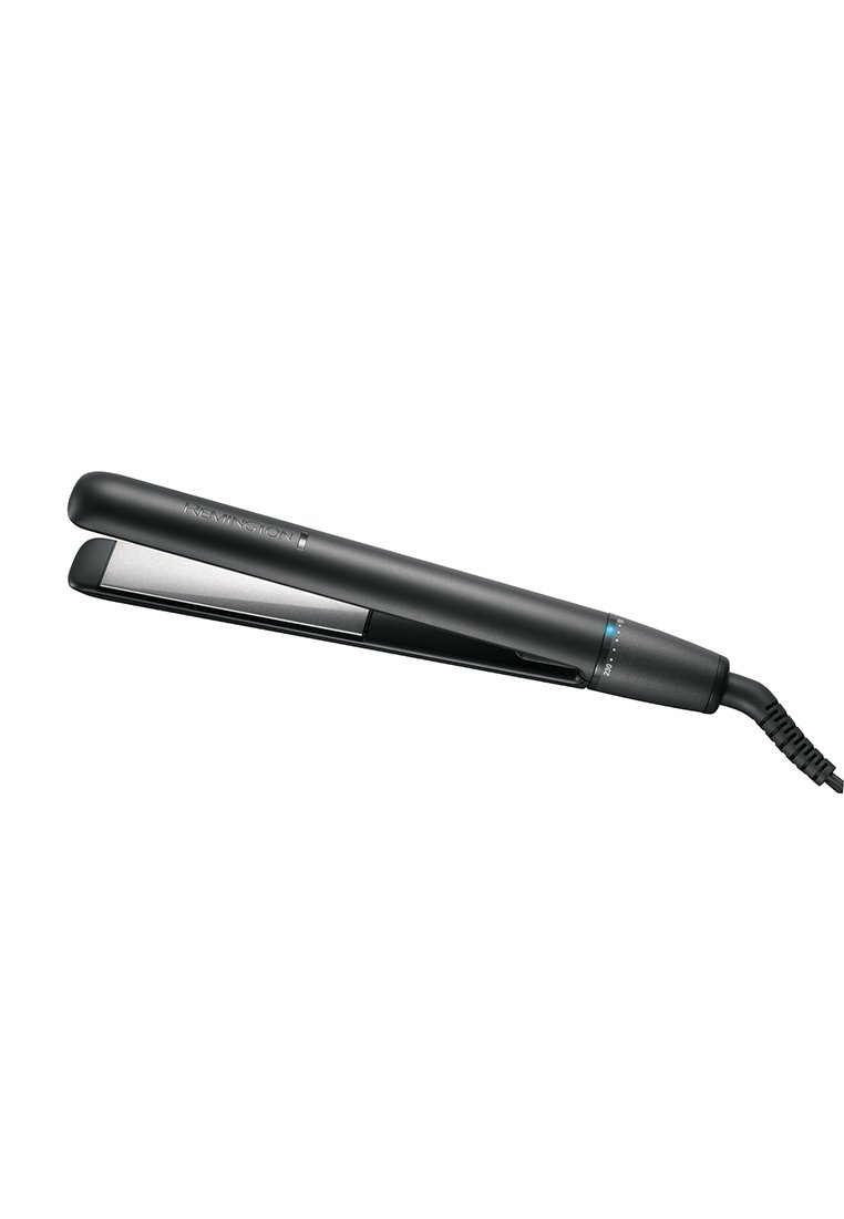 Plancha de pelo de cerámica negra con placas plateadas, un diseño elegante y un indicador de luz de control. Cuenta con un cable de alimentación enrollado.