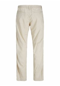Pantalon décontracté beige avec taille élastique, deux poches passepoilées à l'arrière, et coupe droite, vu de dos.