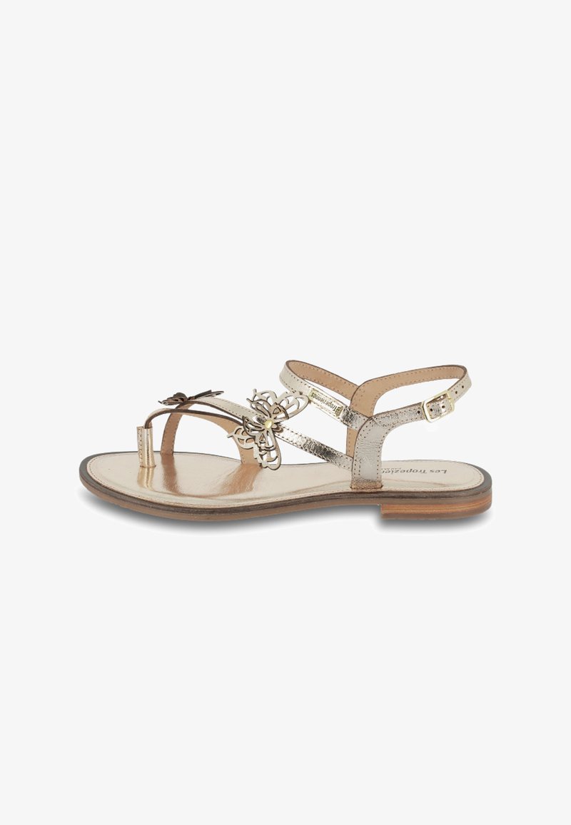 Metalen gouden sandaal met een platte zool, voorzien van een bloemaccent, twee enkelbandjes en een minimalistisch ontwerp. Gladde leren afwerking.