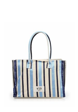 Sac cabas à rayures verticales bleues, bleu marine et crème avec double poignée et étiquette "V°73 Venezia" sur le devant.