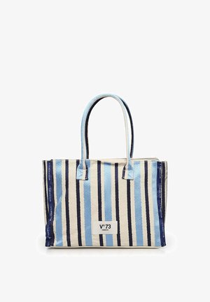 Borsa tote a righe verticali blu, navy e crema con doppio manico e etichetta "V°73 Venezia" sul davanti.