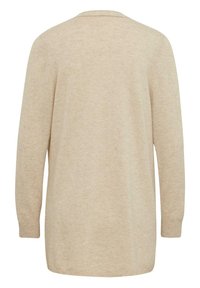 Beige lange mouwen cardigan met een relaxte pasvorm, gemaakt van zachte gebreide stof. Heeft een eenvoudig ontwerp en ribbels bij de manchetten en de zoom.