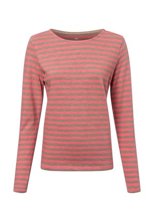 Langarm gestreiftes T-Shirt in Rosa und Beige. Mit rundem Halsausschnitt und weichem Baumwollmaterial, mit gleichmäßigen horizontalen Streifen.