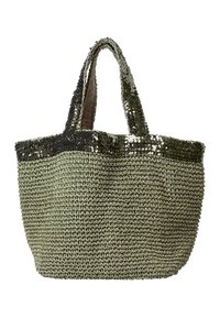 Olive green crocheted tote bag with a textured body and a sequined top edge. Features two sturdy handles for easy carrying.