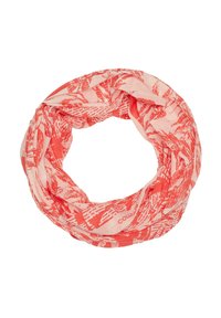 Koronkowy szalik o nieskończoności w kolorze koralowym, wykonany z lekkiego materiału, z teksturowanym wzorem w jaśniejszym odcieniu różu, o miękkim i gładkim wykończeniu.