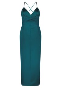 Robe maxi en satin teal avec une silhouette ajustée, un décolleté en V profond, des bretelles spaghetti croisées et une texture lisse. Aucun motif ni accent visible.