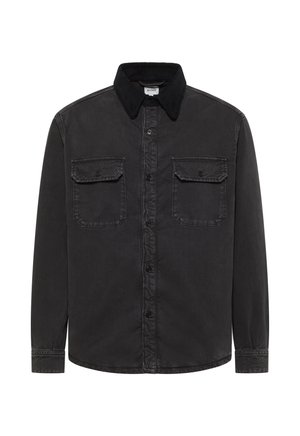 Black denim shirt with a corduroy collar, front button closure, two chest pockets, and long sleeves. Textured fabric, minimal design elements.