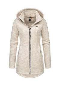 Beige zip-up jacka med huva, av en mjuk, texturerad tyg, två sidofickor och en liten logotyp på bröstpartiet.