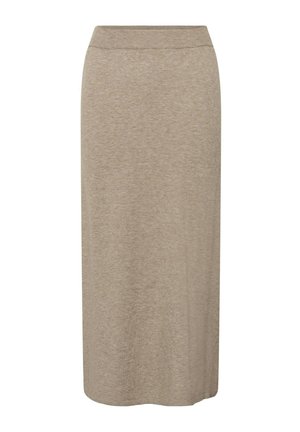 Beige, hoge taille gebreide midi rok met elastische tailleband en rechte silhouet, geschikt voor casual of kantooroutfits.