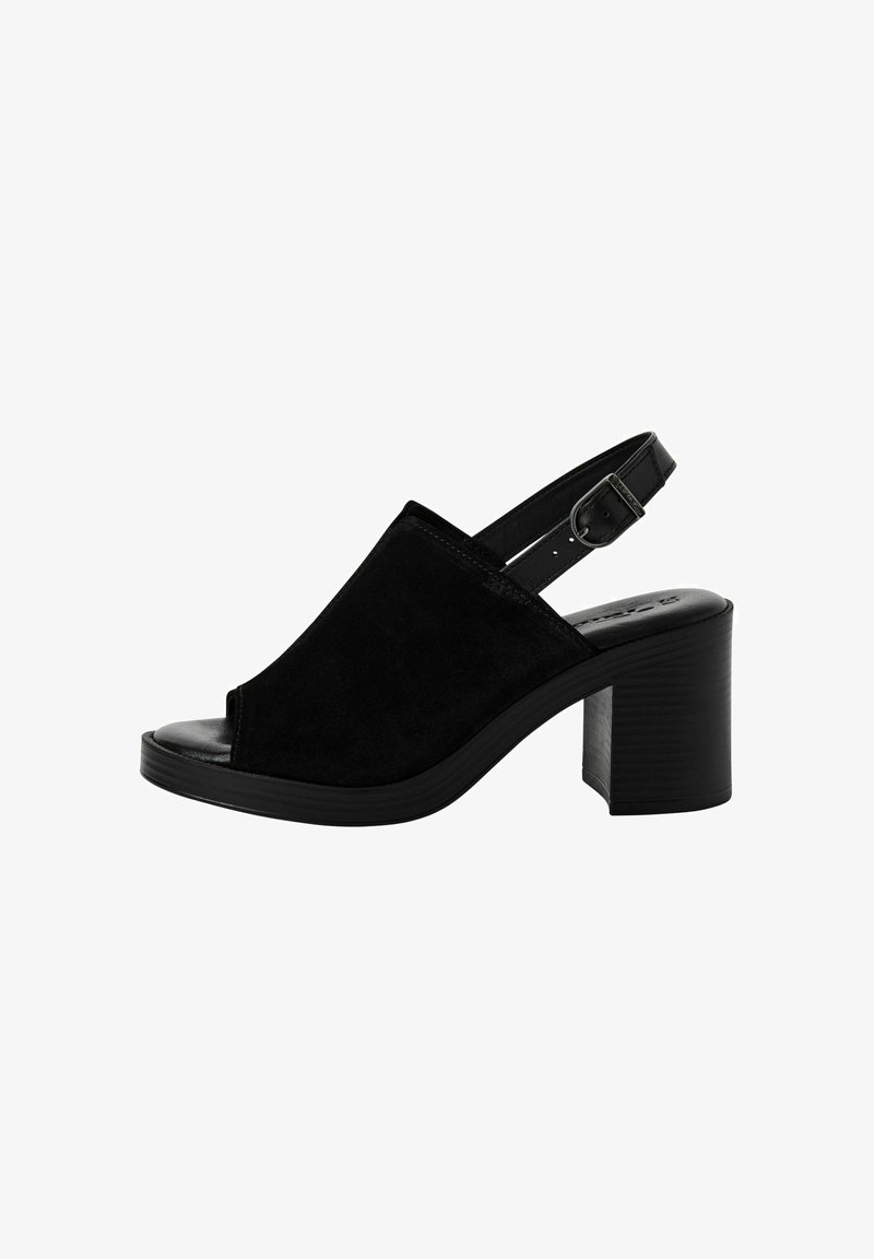 Mustad satiin kõrge kontsaga sandaalid avatud varbaga ja pahkluuringiga, millel on tekstureeritud must alus ja paks, sooniline konts.