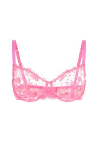 Pink lace bra with floral embroidery, sheer cups, adjustable straps, and a scalloped trim. Features a hook-and-eye closure at the back.