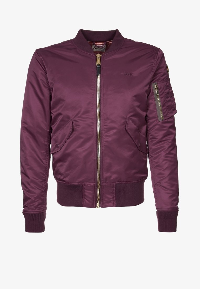 Veste bomber bordeaux pour homme avec col, poignets et ourlet côtelés, fermeture éclair devant, deux poches à rabat et une poche zippée sur la manche gauche.