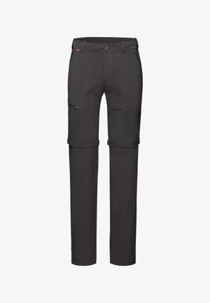 Sorte, letvægts udendørshoser med lynlåslommer, justerbar talje og oprullede stammer for alsidighed. Fremstillet af slidstærkt stof.