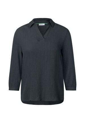 Tmavě šedá halenka s dlouhým rukávem a texturovaným povrchem, s límečkem a výstřihem do V. Volný střih s oblým lemem.