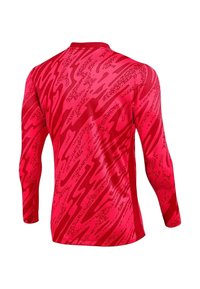 Rotes langärmeliges Sportshirt mit einem strukturierten Wellenmuster und dunkleren Akzenten. Hergestellt aus atmungsaktivem, dehnbarem Material.