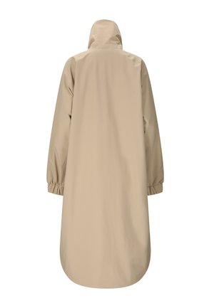 Lang beige hættetrøje regnfrakke med elastiske manchetter, vist bagfra på hvid baggrund.