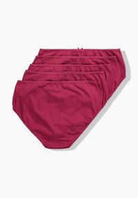 Vijf paar kastanjebruine katoenen slips met een zachte textuur, voorzien van een elastische tailleband en naadloos ontwerp voor optimaal comfort.