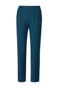 Teal op maat gemaakte broeken met een zachte textuur, voorzien van twee voorplooien, rechte pijpen en een middelhoge tailleband.