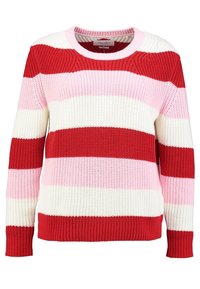 Pull en tricot présentant des rayures horizontales rouges, roses et blanches, col rond, poignets et ourlet côtelés. Tissu texturé avec une coupe ample.