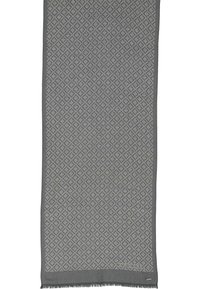 Sciarpa rettangolare grigia con un motivo geometrico a diamante, bordi rifiniti e un piccolo tag con il logo Bugatti vicino all'angolo inferiore.
