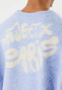Lichtblauwe trui van fuzzy materiaal. Voorzien van witte tekst "PROJECT × PARIS" op de achterkant. Ronde halslijn, zachte textuur.