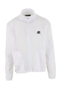 Hvid jakke med højt krave, lynlås foran og to sidelommer. Har et sort logo på venstre bryst. Letvægtsstof.