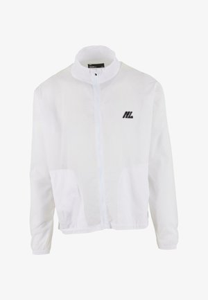 Biała kurtka z wysokim kołnierzem, z zamkiem błyskawicznym z przodu i dwiema bocznymi kieszeniami. Posiada czarne logo na lewej piersi. Wykonana z lekkiego materiału.