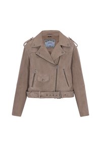 Taupe lædermotorcykeljakke med cropped design, fremtrædende revers, lynlåslommer og bælteaccent. Blød tekstur og minimal hardware.