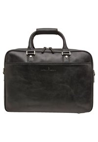 Zwarte leren aktetas met stevige handvatten, bovenste ritssluiting en zilveren hardwareaccenten. Beschikt over een gladde textuur en een minimalistisch ontwerp.