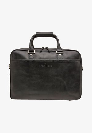 Schwarze Lederaktentasche mit stabilen Griffen, Reißverschluss oben und silbernen Hardware-Akzenten. Bietet eine glatte Textur und minimalistisches Design.