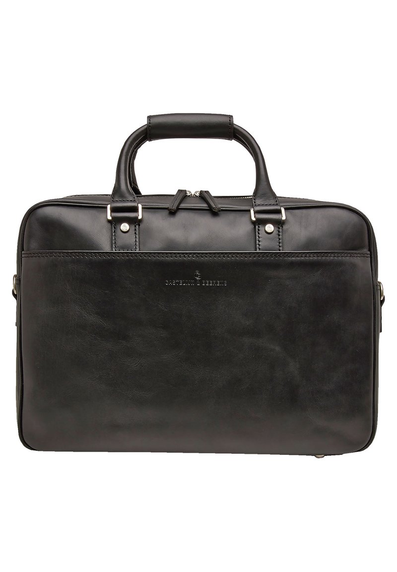 Zwarte leren aktetas met stevige handvatten, bovenste ritssluiting en zilveren hardwareaccenten. Beschikt over een gladde textuur en een minimalistisch ontwerp.