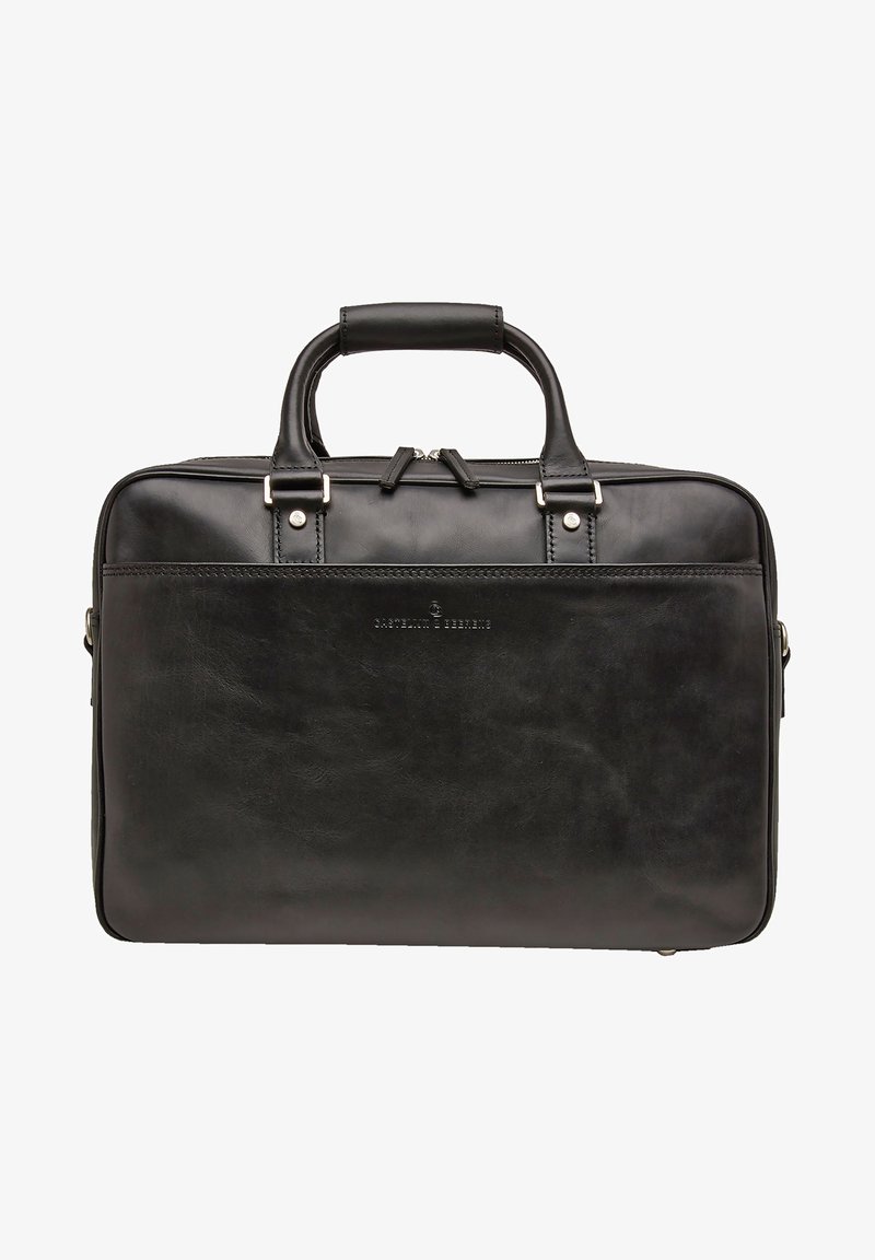 Zwarte leren aktetas met stevige handvatten, bovenste ritssluiting en zilveren hardwareaccenten. Beschikt over een gladde textuur en een minimalistisch ontwerp.