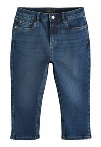 Siniset farkuista valmistetut capri-housut, joissa on viisi taskua, kultaiset yksityiskohdat ja suora leikkaus, jossa on huolitellut lahkeet. Kangas heijastaa hienoista kiiltoa.