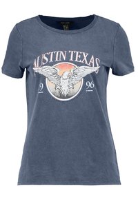 Camiseta de algodón azul marino de manga corta, con un diseño gráfico de un águila y "Austin Texas 96" en colores claros.