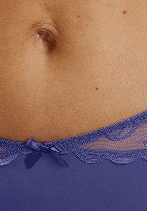 Purple lace lingerie with a smooth band, featuring a satin bow detail on the front and intricate lace trim along the edge.