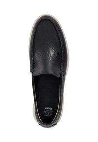 Black leather slip-on shoe with a rounded toe, textured upper, and contrasting white sole, featuring minimal stitching and a soft interior.