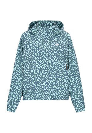 Kurtka z kapturem w ciemnym odcieniu teal z miętowym wzorem w cętki lamparta, wyposażona w elastyczne mankiety i przednią kieszeń na zamek do przechowywania.