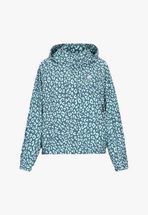 Hættetrøje i mørk teal med et mintgrønt leopardpletmønster, udstyret med elastiske manchetter og en lynlåslomme foran til opbevaring.