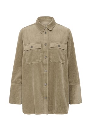 Giacca camicia in corduroy beige con bottoni, due tasche a soffietto sul petto e maniche lunghe, esposta su uno sfondo bianco.
