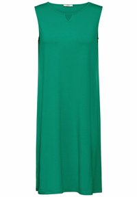 Grünes ärmelloses Kleid aus weichem Stoff, mit einem runden Ausschnitt und einem Schlüsselloch-Detail sowie einer lässigen A-Linien-Silhouette.