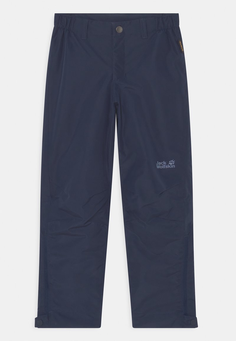 Pantaloni impermeabili blu navy con cintura elastica, tasche laterali e logo. Tessuto liscio con polsini regolabili per una vestibilità sicura.