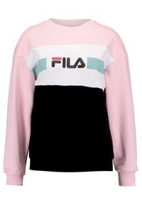 Bluza FILA z wzorem w blokach kolorystycznych: różowe, białe i czarne sekcje z akcentami w kolorze teal; klasyczny okrągły dekolt i ściągacze.