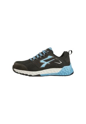 Scarpa sportiva nera e blu con tomaia in mesh, chiusura con lacci, intersuola bianca imbottita e tallone blu strutturato.