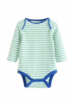 Pasiasty bodysuit z długim rękawem w jasnym zielonym i niebieskim kolorze, wykonany z miękkiego materiału. Posiada niebieskie wykończenie i zatrzaski na dole.