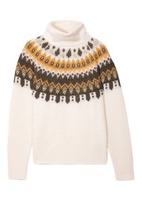 Krémový rolák s vzorovaným hrdlem v hnědé, žluté a bílé barvě, se geometrickými motivy a elastickými manžetami. Měkká, strukturovaná tkanina.