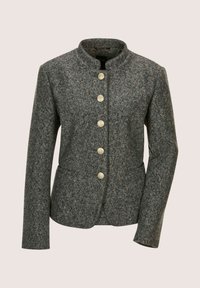 Grijs wollen textuurjack met opstaande kraag, vijf gouden decoratieve knopen langs de voorkant en lange mouwen.