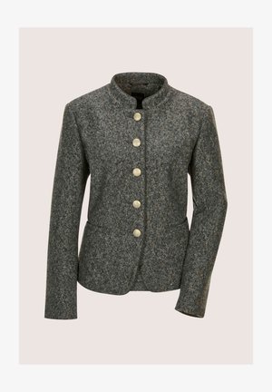 Grau melierte Wollejacke mit Stehkragen, fünf goldenen dekorativen Knöpfen auf der Vorderseite und langen Ärmeln.