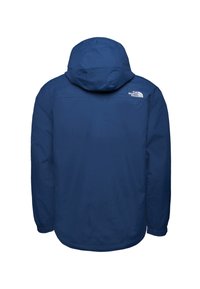 Mörkblå jacka med huva, elastiska ärmslut och logotyp på baksidan. Utrustad med ett slätt, hållbart tyg och en minimalistisk design.